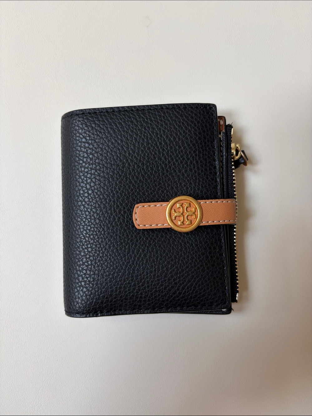 Tory Burch Black Pebbled Leather Compact Wallet with Tan Strap & Gold Logo